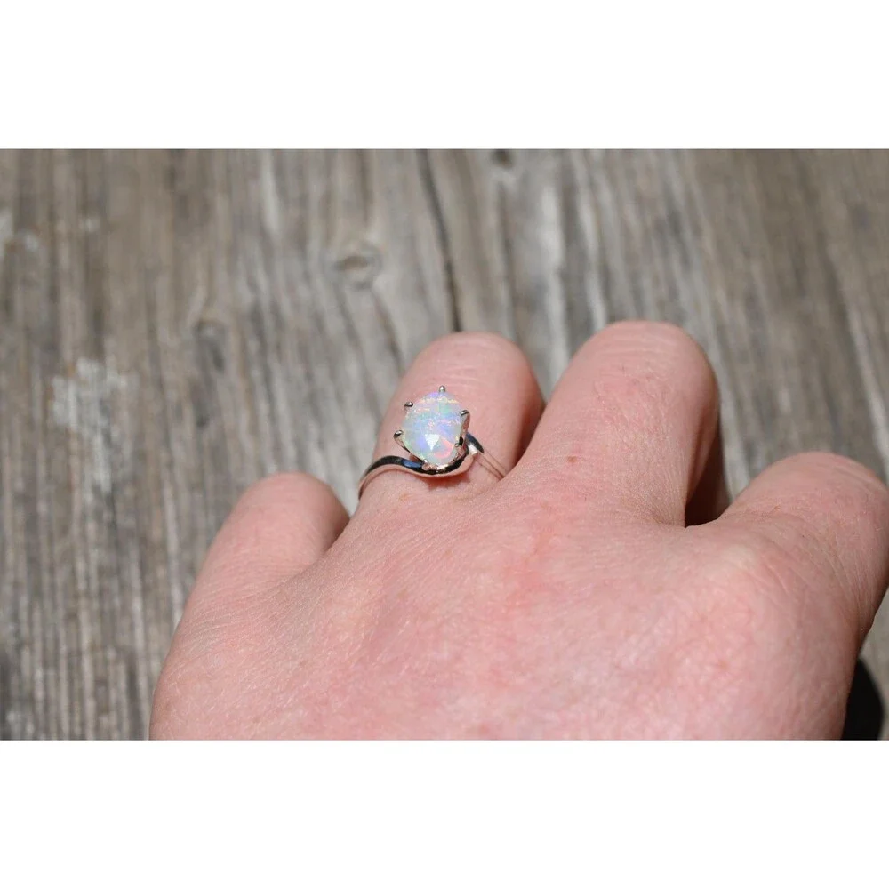 Natural Ethiopian Opal Ring in Sterling Silver Pear Cut Iridescent Gemstone Ring